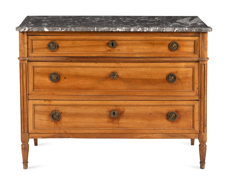 A Louis XVI Marble Top Commode: A Louis XVI Marble Top Commode Fourth Quarter 18th Century Height 31 3/4 x width 42 1/2 x depth 19 1/2 inches. Property from the Collection of Christina von Nolcken Thi