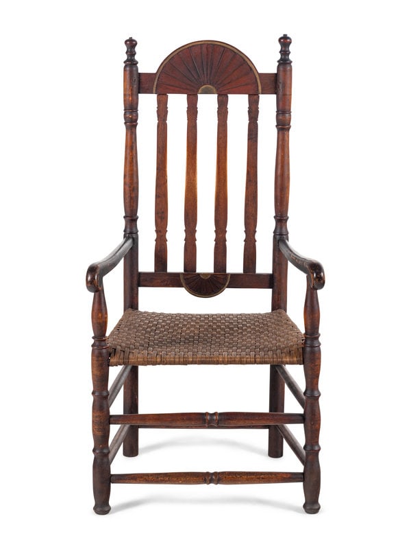 A William and Mary Style Parcel Gilt and Red Painted, Fan-Carved Bannister Back Woven Splint Seat Ar (1 of 11)