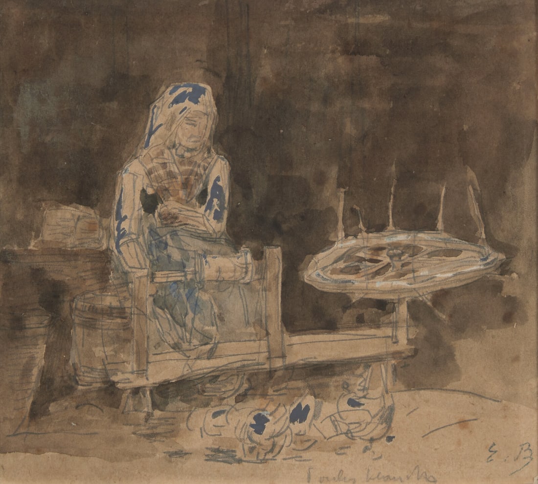 Eugène Boudin (French, 1824-1898) La Fileuse; with Étude de Fileuse (A Double-Sided Work: Eugène Boudin (French, 1824-1898) La Fileuse; with Étude de Fileuse (A Double-Sided Work) watercolor, ink and wash over pencil on paper stamped with artist's initials E.B (Light 828, lower r