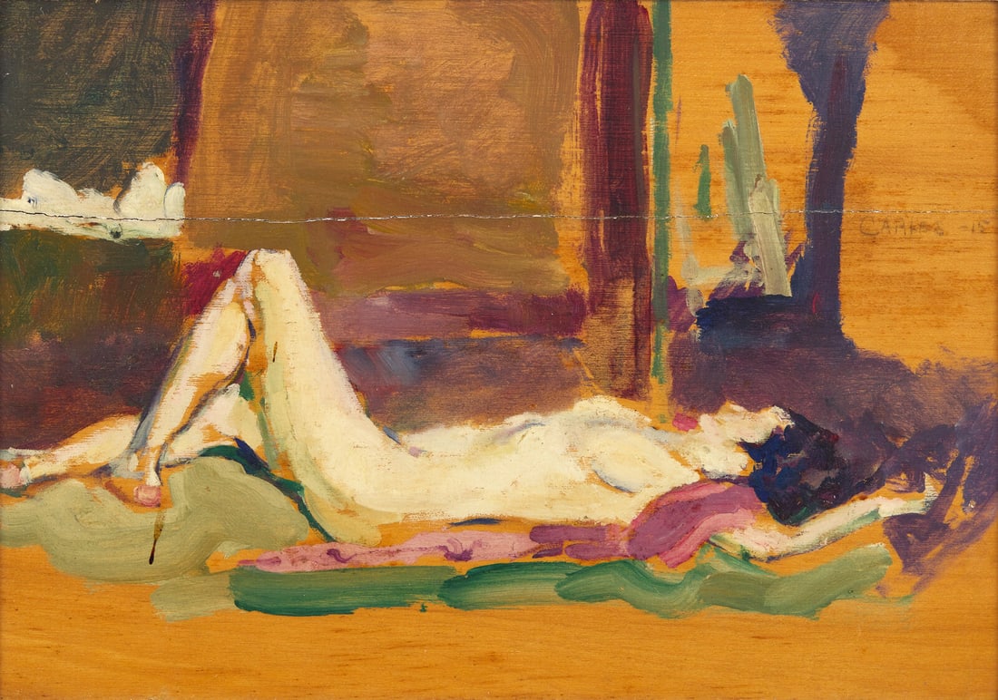 Arthur Beecher Carles (American, 1882-1952) Reclining Nude (Portrait of the Artist's Wife), 1915: Arthur Beecher Carles (American, 1882-1952) Reclining Nude (Portrait of the Artist's Wife), 1915 oil on panel inscribed Carles and dated (center right) 9 1/4 x 13 1/4 in. (23.5 x 33.7cm) The Collectio