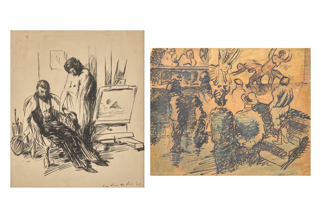 Guy Pène Du Bois (American, 1884-1958) Two Works: The Artist and His Model; with Ballroom Cou: Guy Pène Du Bois (American, 1884-1958) Two Works: The Artist and His Model; with Ballroom Couple (A Double-Sided Work); together with Cabaret, 1905 (2) ink and watercolor on paper The Artist and