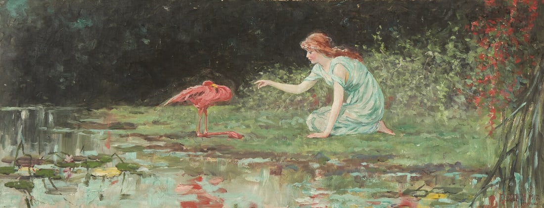 Frederick Stuart Church (American, 1842-1924) Kneeling Woman with Pink Flamingo, 1917: Frederick Stuart Church (American, 1842-1924) Kneeling Woman with Pink Flamingo, 1917 oil on canvas signed F.S. Church, dated and copyrighted (lower right) 16 x 41 in. (41.3 x 104.2cm) The Collection