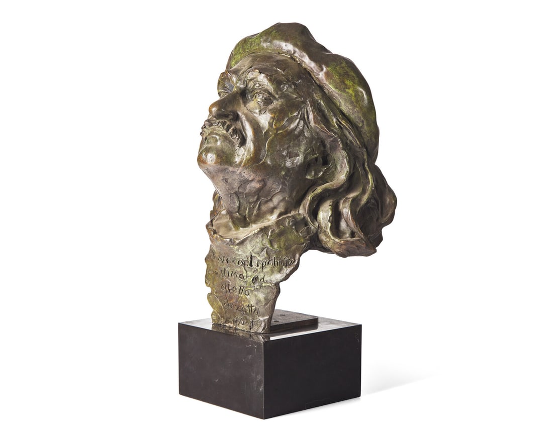 Enzo Plazzotta (Italian, 1921-1981) Head of Jacques Lipchitz, 1970: Enzo Plazzotta (Italian, 1921-1981) Head of Jacques Lipchitz, 1970 bronze on black marble base signed Plazzotta, stamped 8/9 and with the Fonderia Tommasi foundry mark (lower front) height: 16 1/2 in.