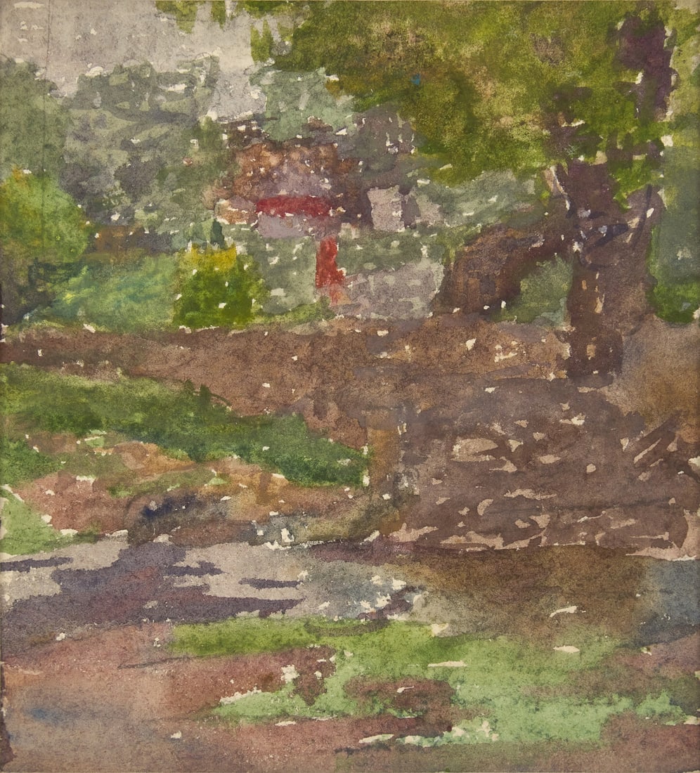 Thomas Anshutz (American, 1851-1912) The Stream; with House in the Woods (A Double-Sided Work): Thomas Anshutz (American, 1851-1912) The Stream; with House in the Woods (A Double-Sided Work) watercolor on paper 5 1/4 x 4 5/8 in. (13.3 x 11.7cm) The Collection of Sidney Rothberg, Philadelphia, Pe