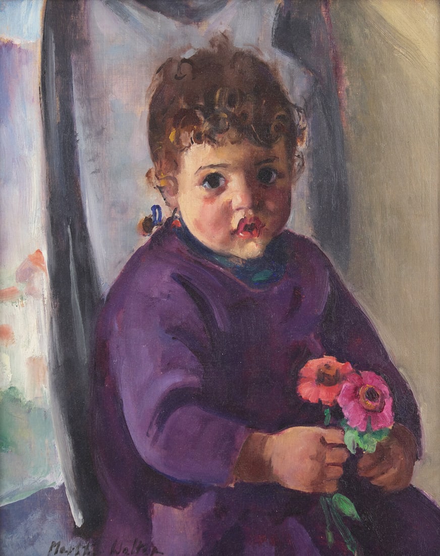 Martha Walter (American, 1875-1976) Italian Peasant Child with Flowers: Martha Walter (American, 1875-1976) Italian Peasant Child with Flowers oil on panel signed Martha Walter (lower left); inscribed and with the estate stamp (verso) 18 x 14 1/2 in. (45.7 x 36.8cm) The C