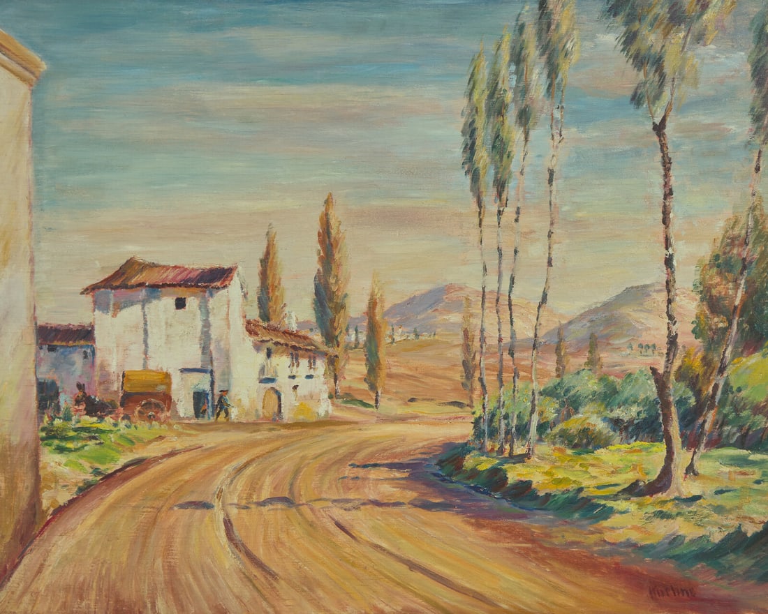 Max Kuehne (American, 1880-1968) Spanish Landscape, Winding Road, c. 1923: Max Kuehne (American, 1880-1968) Spanish Landscape, Winding Road, c. 1923 oil on board signed Kuehne (lower right); inscribed with artist's name, title and dated (verso) 23 x 29 in. (58.4x73.7cm) The
