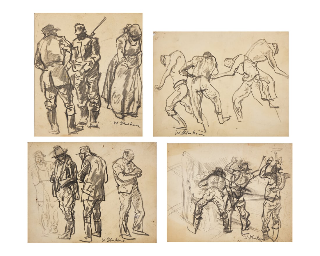 William Glackens (American, 1870-1938) Four Works: Soldier Studies (Three Double-Sided Works) (4): William Glackens (American, 1870-1938) Four Works: Soldier Studies (Three Double-Sided Works) (4) charcoal on paper each signed W Glackens (lower left or right) largest: 11 x 14 1/2 in. (27.9 x 36.8cm