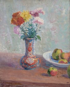 Hippolyte Petitjean
(French, 1854-1929)
Nature Morte aux Pommes et Chrysanthèmes