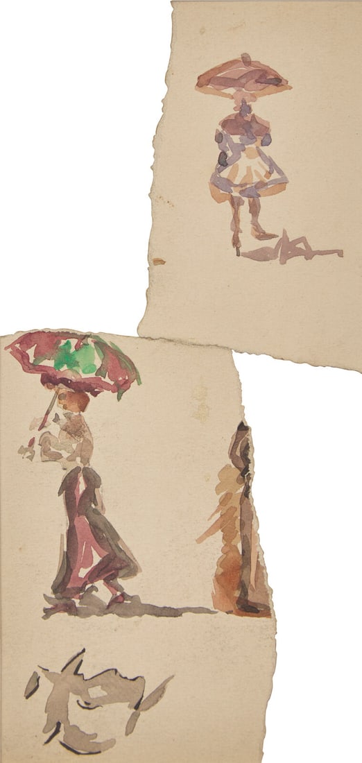 Charles Demuth (American, 1883-1935) Two Works: Woman with Parasol; together with Woman Walking wi: Charles Demuth (American, 1883-1935) Two Works: Woman with Parasol; together with Woman Walking with Parasol (Fragments) (2) watercolor and wash on paper laid to paper overall: 9 x 6 in. (22.9 x 15.2c
