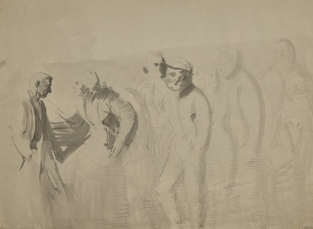 Reginald Marsh (American, 1898-1954) Men and Women Conversing; with Walking Girls (A Double-Sided : Reginald Marsh (American, 1898-1954) Men and Women Conversing; with Walking Girls (A Double-Sided Work) ink and wash on paper stamped W Benton Collection (lower right) 22 1/4 x 29 1/2 in. (56.5 x 74.9