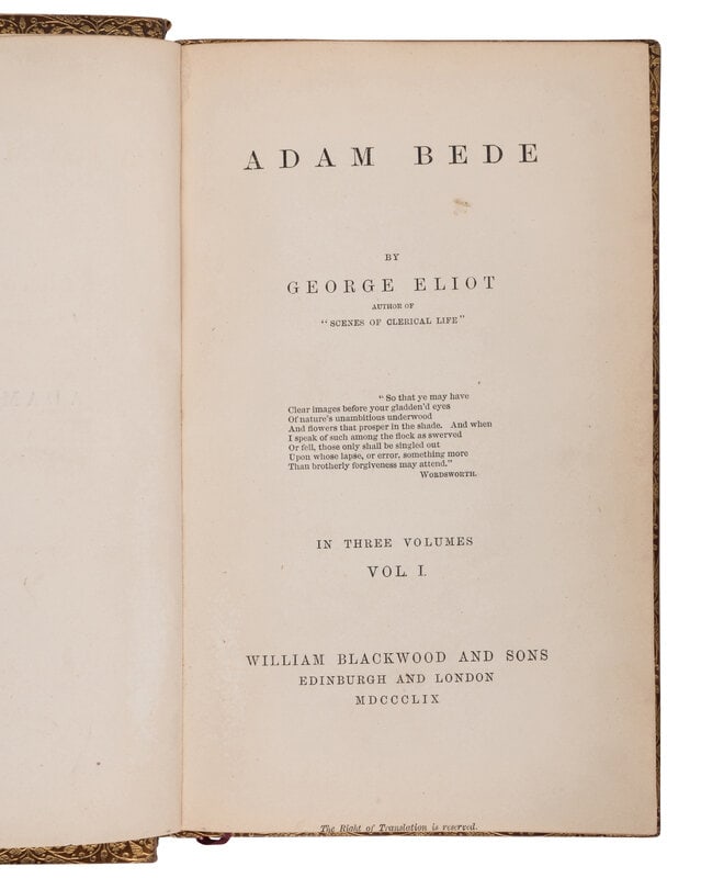 EVANS, Mary Ann ("George Eliot") (1819-1880). Adam Bede. Edinburgh and London: William Blackwood and (1 of 1)