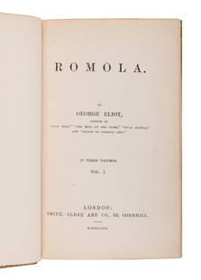 EVANS, Mary Ann ("George Eliot") (1819-1880). Romola. London: Smith, Elder and Co., 1863. : EVANS, Mary Ann ("George Eliot") (1819-1880). Romola. London: Smith, Elder and Co., 1863. 3 volumes, 8vo. Early 20th century polished calf gilt, red and green morocco lettering-pieces gilt in 3, other