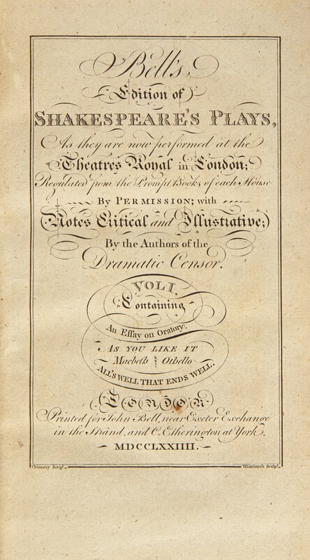 SHAKESPEARE, William. Bell's Edition of Shakespeare's Plays... London: John Bell and C. Etherington,: SHAKESPEARE, William. Bell's Edition of Shakespeare's Plays... London: John Bell and C. Etherington, 1774. In nine volumes. With numerous engraved illustrations. Full contemporary tree calf, red and g