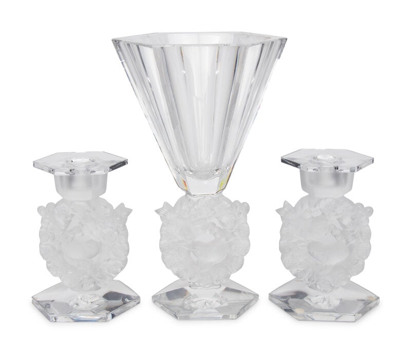 A Lalique Mesanges Vase and Pair of Candlesticks (1 of 4)