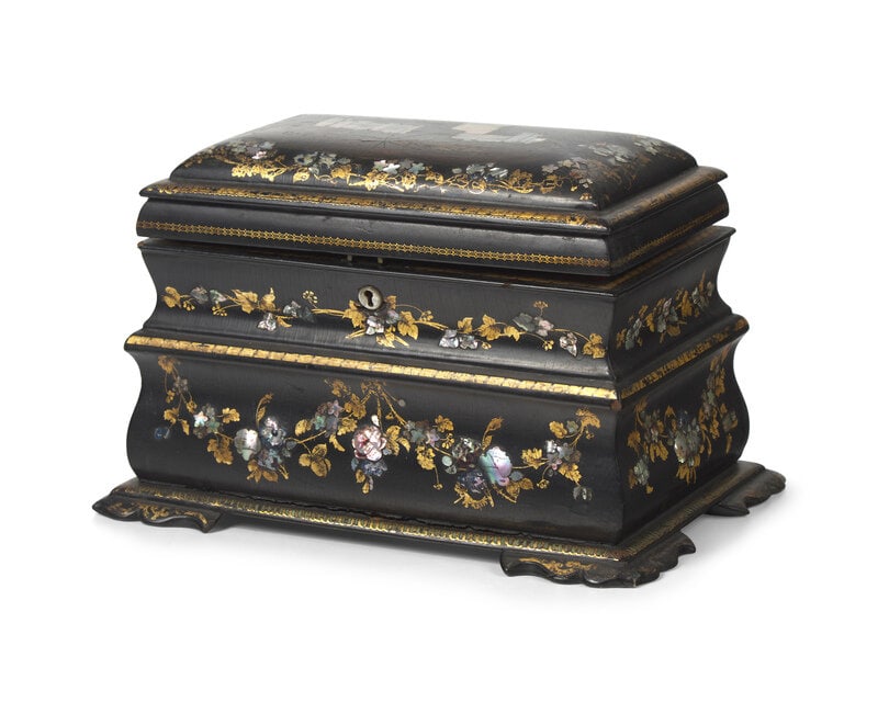 A Victorian Mother-of-Pearl Inlaid and Gilt-Decorated Black Lacquer Tea Caddy (1 of 4)