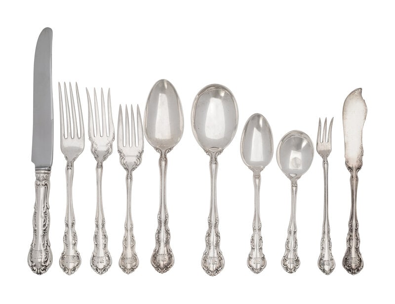 An American Silver Flatware Service: An American Silver Flatware Service Wallace Silversmiths, Wallingford, CT, 20th Century Old Atlanta pattern, comprising: 12 dinner forks 12 dinner knives, with steel blades 12 salad