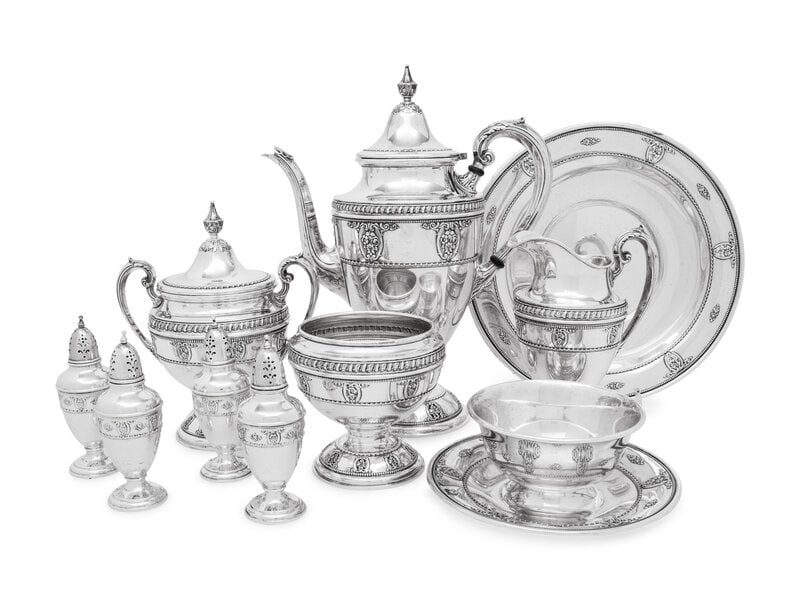 A Collection of American Silver Holloware Articles: A Collection of American Silver Holloware Articles Wallace Silversmiths, Wallingford, CT, 20th Century Rose Point pattern, comprising a coffee pot, covered sugar, creamer, waste bowl, bowl wi