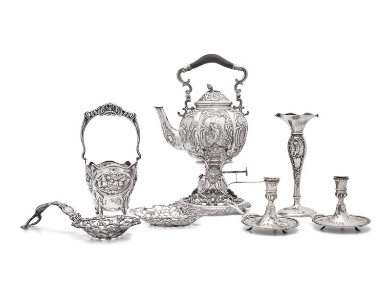 A Group of Six Continental and American Silver Repousse and Reticulated Articles (1 of 2)