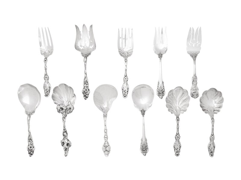 A Group of American Silver Serving Articles: A Group of American Silver Serving Articles Various Makers, 20th Century comprising a pair of Wallace Silversmiths Grand Baroque salad servers and other examples with decorated handles by var