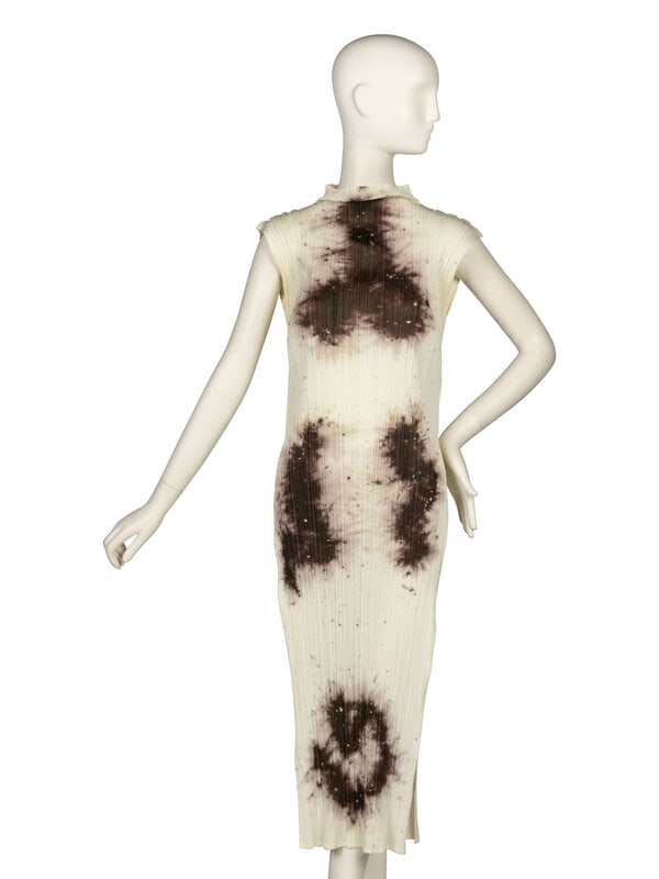 Issey Miyake, Pleats Please Cai Guo Qiang Dress, 1998: Issey Miyake, Pleats Please Cai Guo Qiang Dress, 1998 No. 4 in the Pleats Please Guest Artist Series. Knee length column dress in printed plissé polyester; featuring a print by the artist