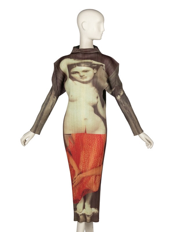 Issey Miyake, Pleats Please Yasumasa Morimura Dress, 1996: Issey Miyake, Pleats Please Yasumasa Morimura Dress, 1996 No. 1 in the Pleats Please Guest Artist Series. Midi length column dress in printed plissé polyester; featuring a print by the ar