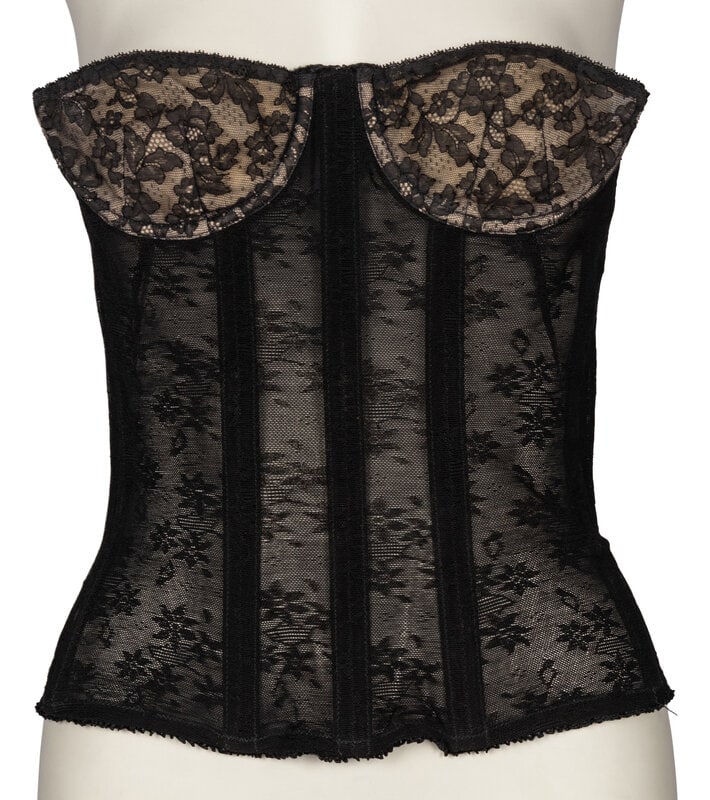 Christian Dior Creation by Lily of France, Bustier Corset : Christian Dior Creation by Lily of France, Bustier Corset Bustier/corset in black mesh lace with lace & beige organza bra cups. Boning throughout. Features hook-and-eye closures at back.
