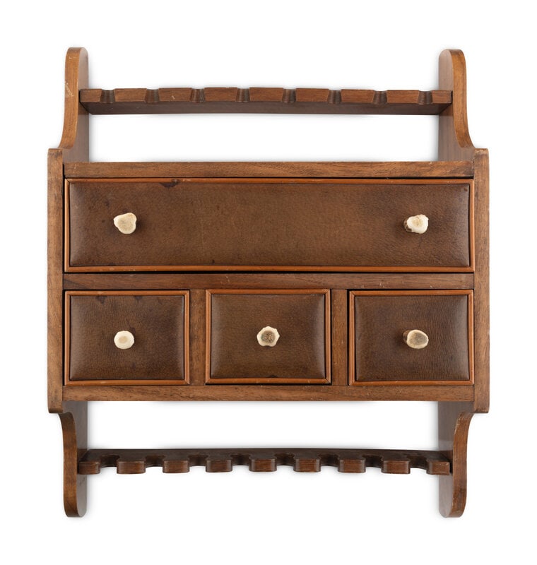 A Gucci Gun Rack and Pipe Holder: A Gucci Gun Rack and Pipe Holder THE FIRST Wood gun rack. Holds three firearms. Drawer at base; front of drawer covered with brown pigskin. Functioning locking mechanism; includes key. No s