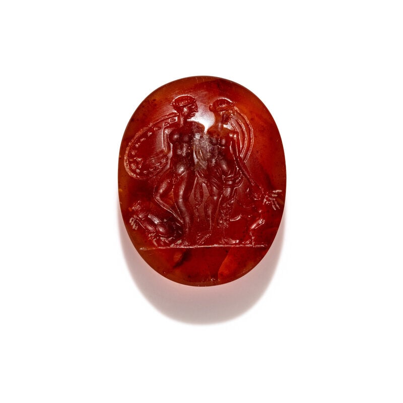 A Roman Carnelian Ring Stone with the Gods Mars, Venus, and Eros (1 of 3)