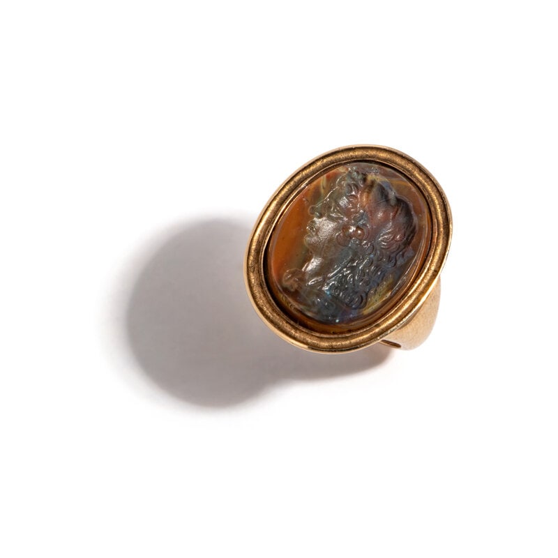 A Neoclassical Gold and Glass Paste Finger Ring with Alexander the Great as Hercules: A Neoclassical Gold and Glass Paste Finger Ring with Alexander the Great as Hercules Ring size 4 3/4; 10 karat gold; 6.09 dwt. Size Ring size 4 3/4; 10 karat gold; 6.09 dwt. <