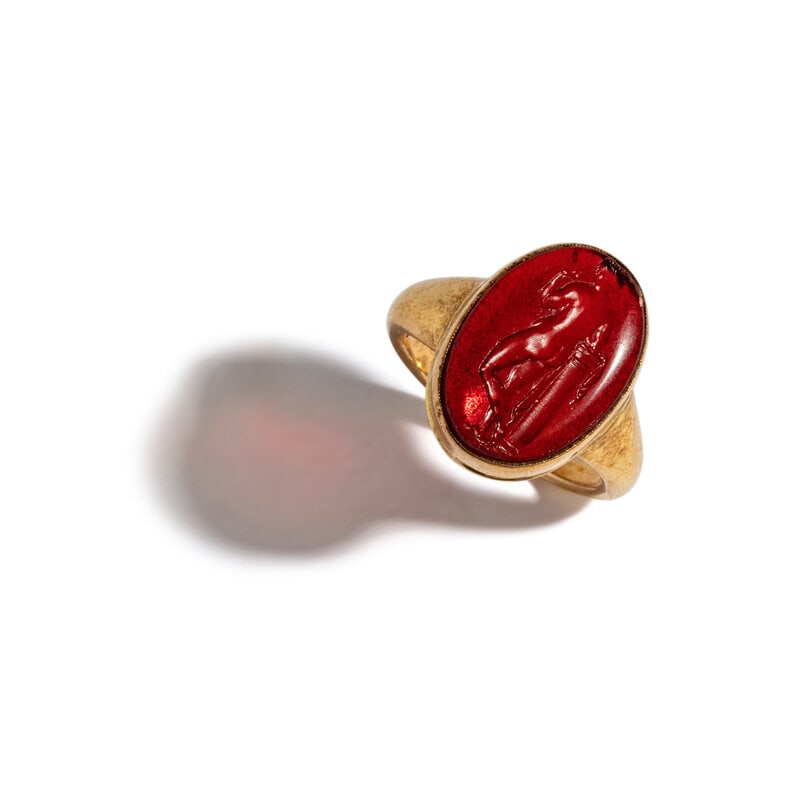 A Neoclassical Gold and Glass-Cast Finger Ring with the Goddess Venus: A Neoclassical Gold and Glass-Cast Finger Ring with the Goddess Venus Ring size 10; 14 karat gold; 5.63 dwt. Size Ring size 10; 14 karat gold; 5.63 dwt.