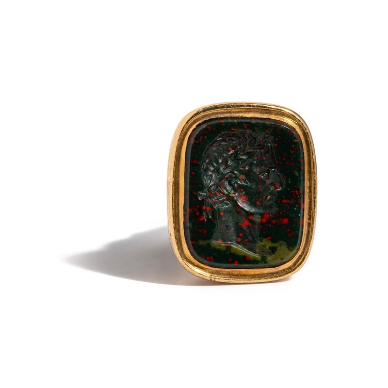 A Neoclassical Gold and Bloodstone Seal Fob with a Portrait Head of the Roman Emperor Tiberius. (1 of 3)