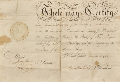 [African-Americana] Pemberton, James. Membership Certificate for the Pennsylvania Society for