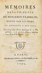 [Americana] Franklin, Benjamin. Memoires de la vie privee de Benjamin Franklin... First Edition
