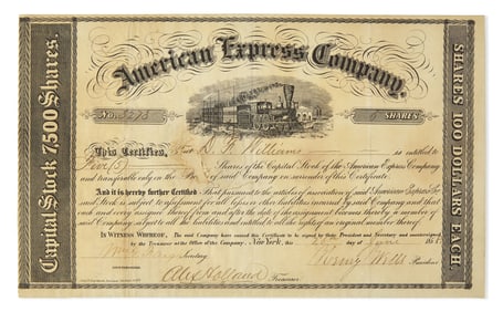 [Americana] Wells, Henry, and William G. Fargo. American Express Company Stock Certificate, signed