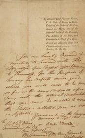 [British Isles] Nelson, Horatio. Manuscript document, signed