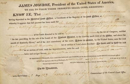 [Presidential] Monroe, James. Partially-Printed Document, signed
