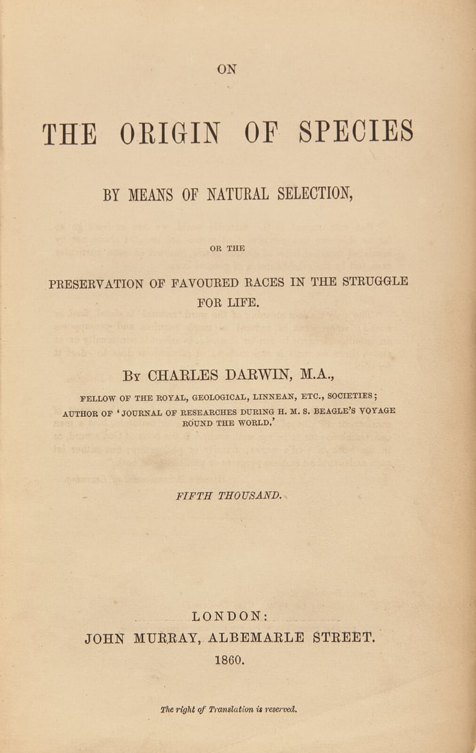 [Science, Medicine & Mathematics] Darwin, Charles. On the Origin of Species...: [Science, Medicine & Mathematics] Darwin, Charles. On the Origin of Species by Means of Natural Selection... London: John Murray, 1860. Second edition, second issue ("Fifth Thousand"). 8vo. ix, (i