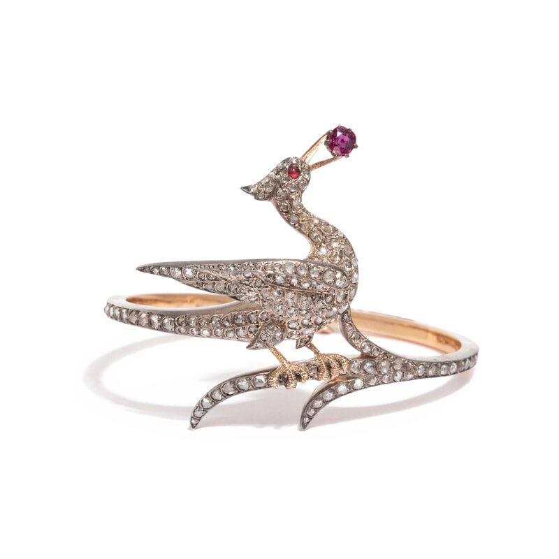 ANTIQUE, DIAMOND AND RUBY BIRD BANGLE BRACELET (1 of 2)