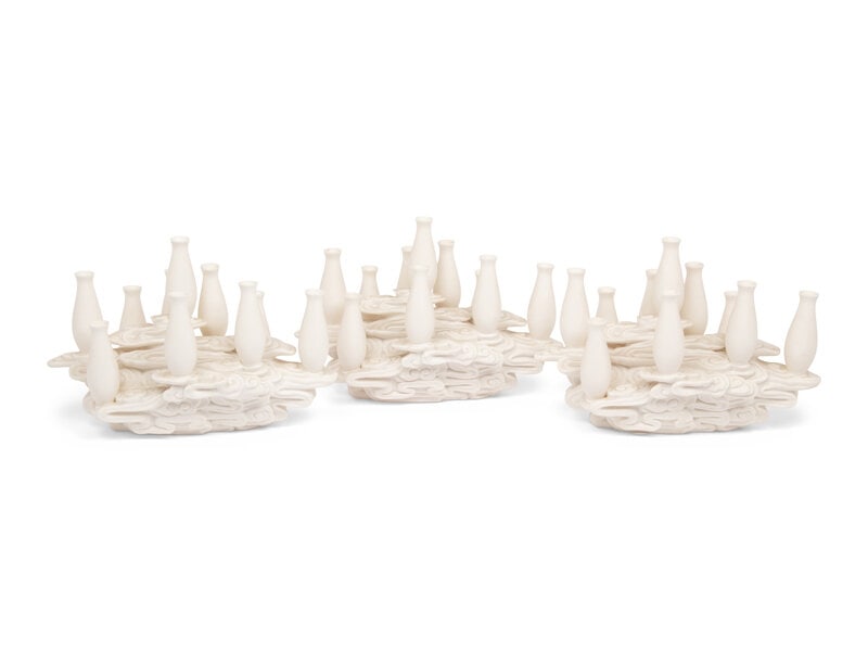 A Set of Three Contemporary Bisque Porcelain Candelabra: A Set of Three Contemporary Bisque Porcelain Candelabra Height 9 x width 14 x depth 7 inches. Property of a Private Collector, Chicago, Illinois This lot is located in