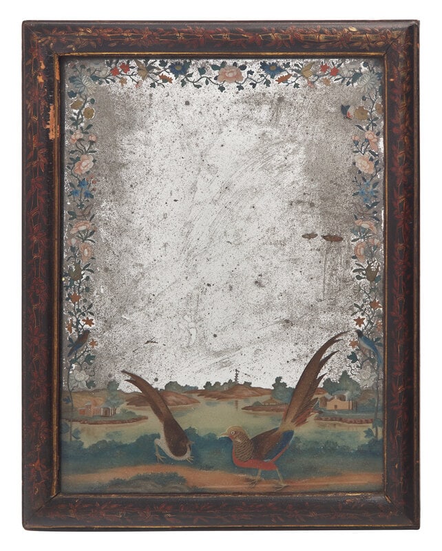 A Chinese Export Reverse Glass-Painted Mirror with Pheasant Decoration (1 of 2)