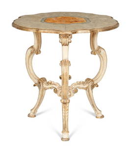 An Italian Rococo Style Silver Gilt Side Table with Faux Marble Top : An Italian Rococo Style Silver Gilt Side Table with Faux Marble Top 20th Century The decoration attributed to Julia Gray, New York Height 28 x width 26 x depth 27 inches. <