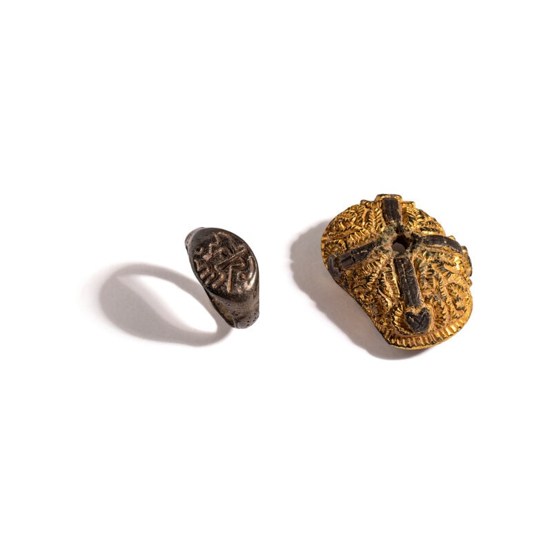 An Islamic Silver Ring and Byzantine Gilt-Silver Applique with Cross (1 of 3)