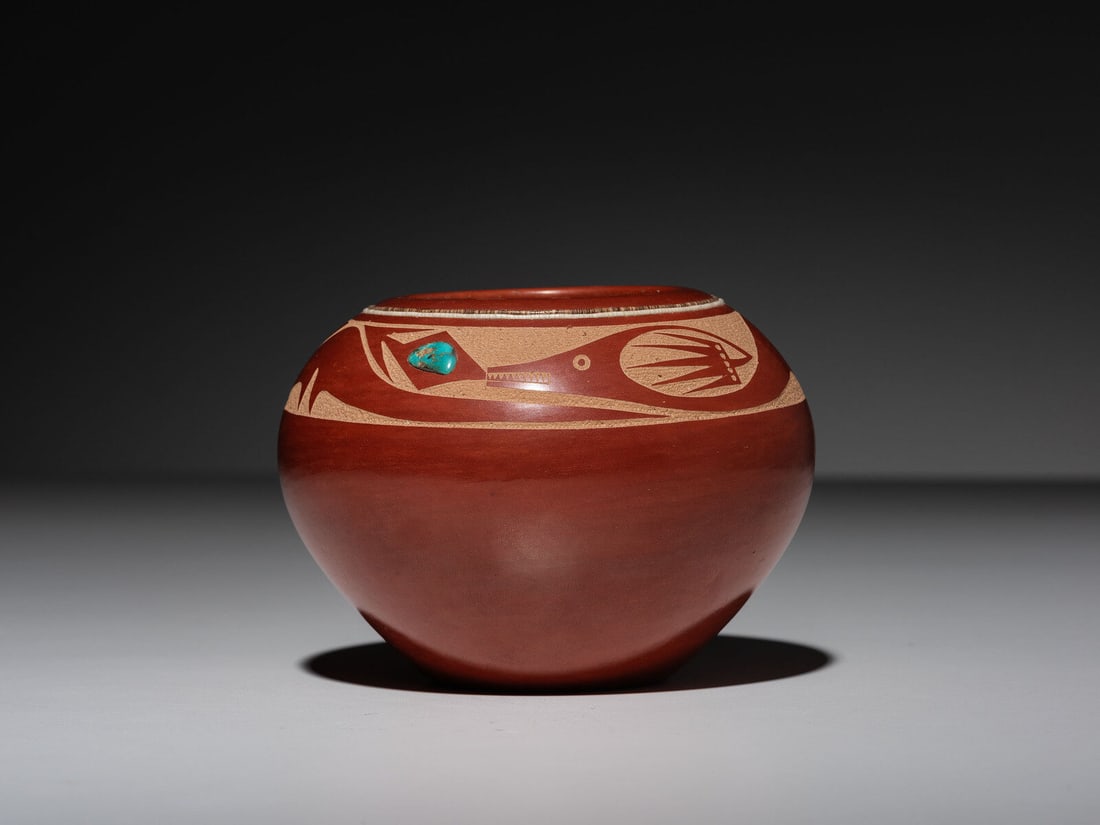 Tony Da (San Ildefonso, 1940-2008) Redware Pottery Jar, with Turquoise and Heishi (1 of 4)