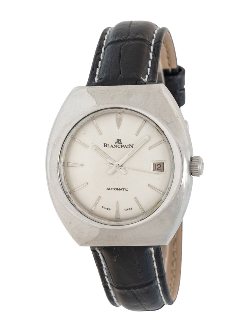 BLANCPAIN, STAINLESS STEEL DATE WATCH: BLANCPAIN, STAINLESS STEEL DATE WATCH Maker: Blancpain Year: Circa 1970s Case size: Approx. 37 mm Case material: Stainless steel Dial: Silvered Movement: Automatic Bracelet/Strap: Black leather Functi