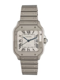 CARTIER, STAINLESS STEEL 'SANTOS' WATCH, BOX & PAPERS