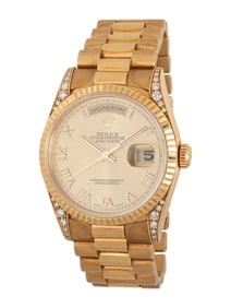 ROLEX, REF. 18338 18K YELLOW GOLD 'DAY-DATE' WATCH WITH FACTORY DIAMOND LUGS, BOX & PAPERS