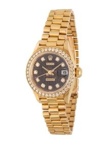 ROLEX, 18K YELLOW GOLD LADY DATEJUST WITH PRESIDENT BRACELET, FACTORY DIAMOND DIAL AND DIAMOND BEZEL