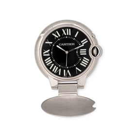 CARTIER, STAINLESS STEEL 'BALLON BLEU' ALARM DESK CLOCK, BOX & PAPERS
