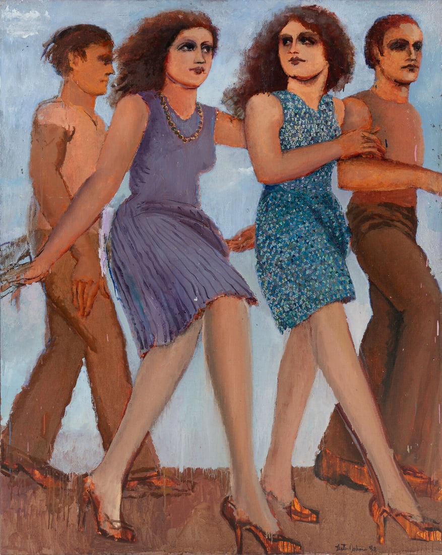 Lester F. Johnson (American, 1919-2010) People Walking, Blue Background, 1988: Lester F. Johnson (American, 1919-2010) People Walking, Blue Background, 1988 oil on canvas signed Lester Johnson and dated (lower right); titled (stretcher, verso) 60 x 47 3/4 inches. Property from a