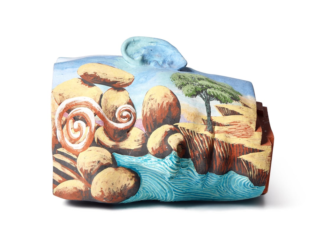 Michael Lucero (American, b. 1953) Clear Lake Dreamer, 1985: Michael Lucero (American, b. 1953) Clear Lake Dreamer, 1985 glazed and painted ceramic signed Michael Lucero, dated, dedicated For ICI and located N.Y.C. (to underside) height: 12 inches. The Estate o